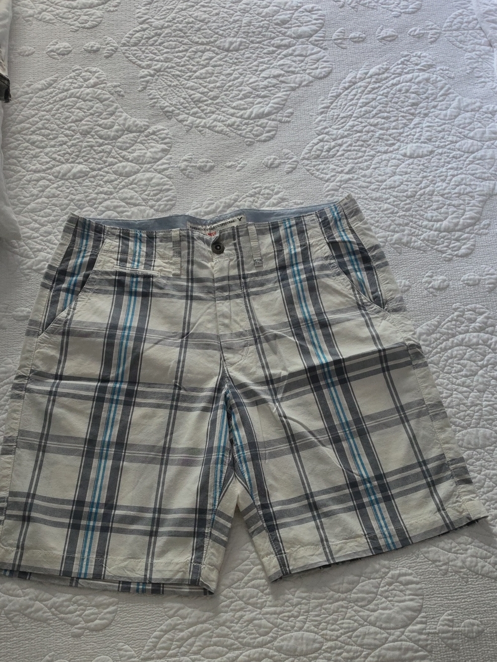 American Eagle Outfitters Beige Plaid Shorts with Blue & Gray Stripes
